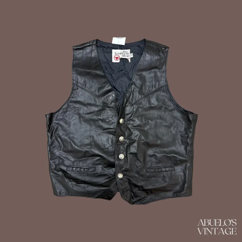 Sears The Leather Shop Leather Vest | Black Button Front | Size 48T | Vintage